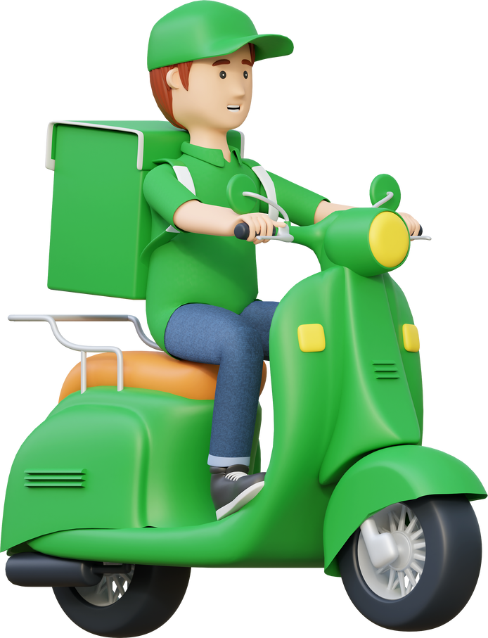 courier delivery package riding motorcycle 3d cartoon